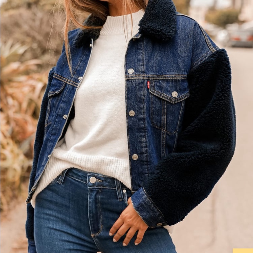 Cocoon Shearling Trucker Dark Wash Denim Jacket